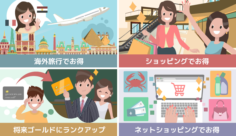 学生向けクレジットカードのメリット4点を示すイラスト